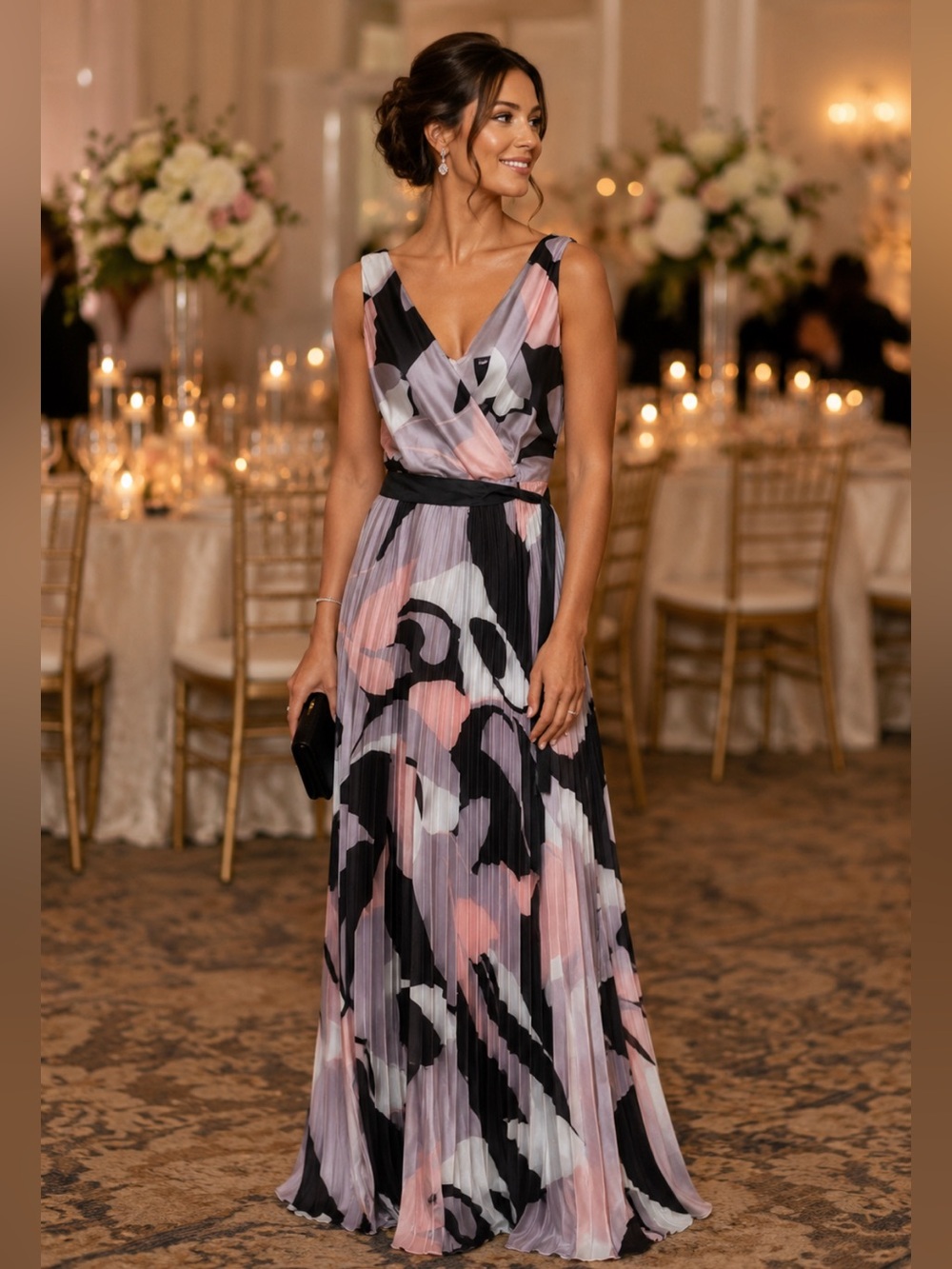 NEW Frank Lyman Silky Pink, Lilac, Black & White Pleated Maxi Dress/Gown